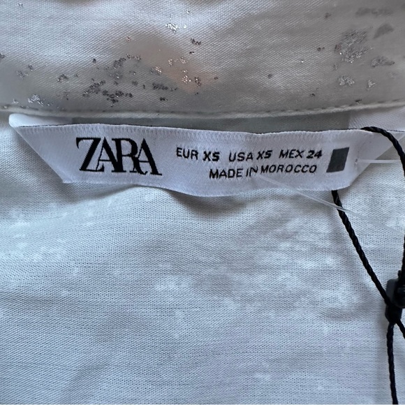 Zara Silver Foil Print Button Down Shirt White Long Sleeve Collared XS - Picture 12 of 12